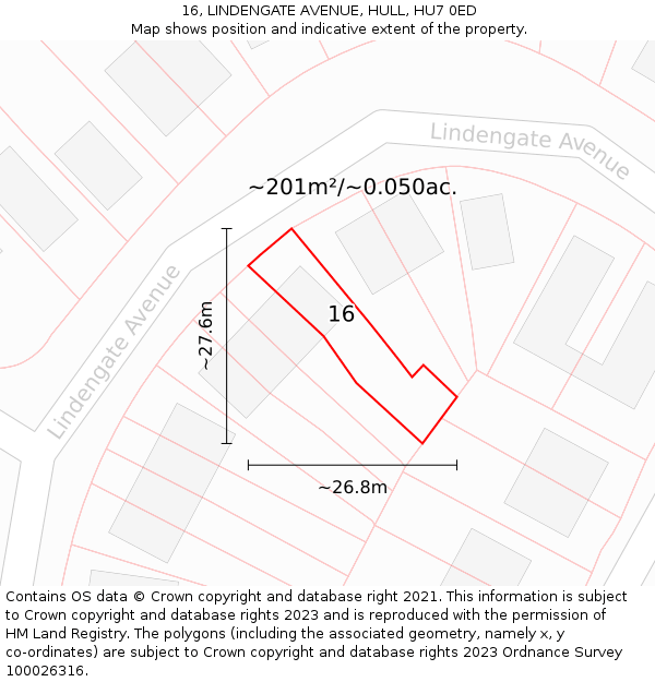 16, LINDENGATE AVENUE, HULL, HU7 0ED: Plot and title map