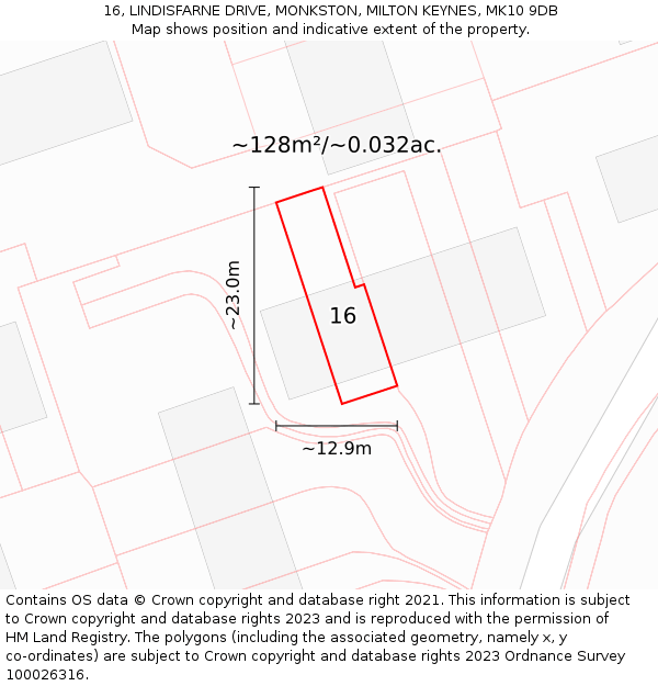 16, LINDISFARNE DRIVE, MONKSTON, MILTON KEYNES, MK10 9DB: Plot and title map