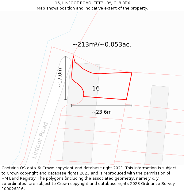 16, LINFOOT ROAD, TETBURY, GL8 8BX: Plot and title map