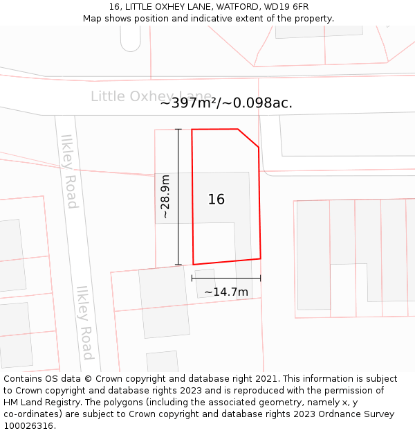 16, LITTLE OXHEY LANE, WATFORD, WD19 6FR: Plot and title map