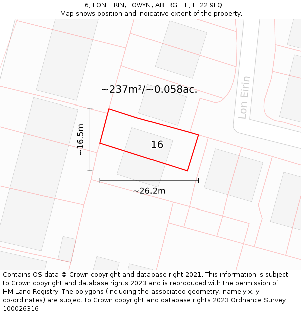 16, LON EIRIN, TOWYN, ABERGELE, LL22 9LQ: Plot and title map