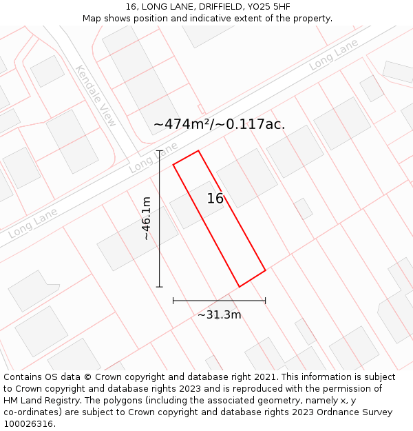 16, LONG LANE, DRIFFIELD, YO25 5HF: Plot and title map