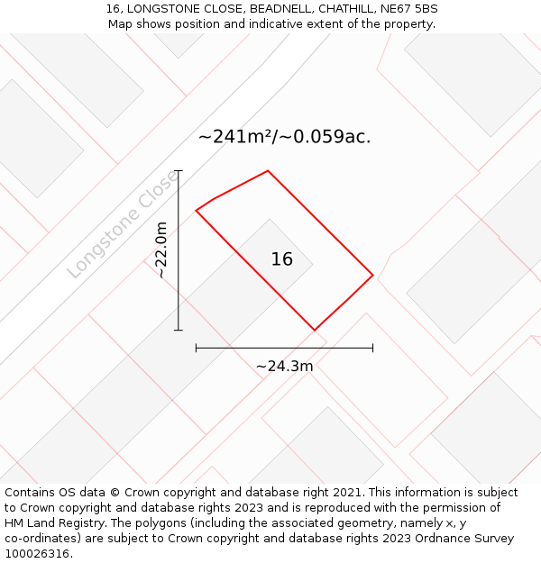 16, LONGSTONE CLOSE, BEADNELL, CHATHILL, NE67 5BS: Plot and title map