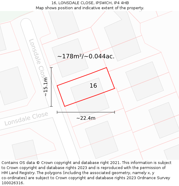 16, LONSDALE CLOSE, IPSWICH, IP4 4HB: Plot and title map