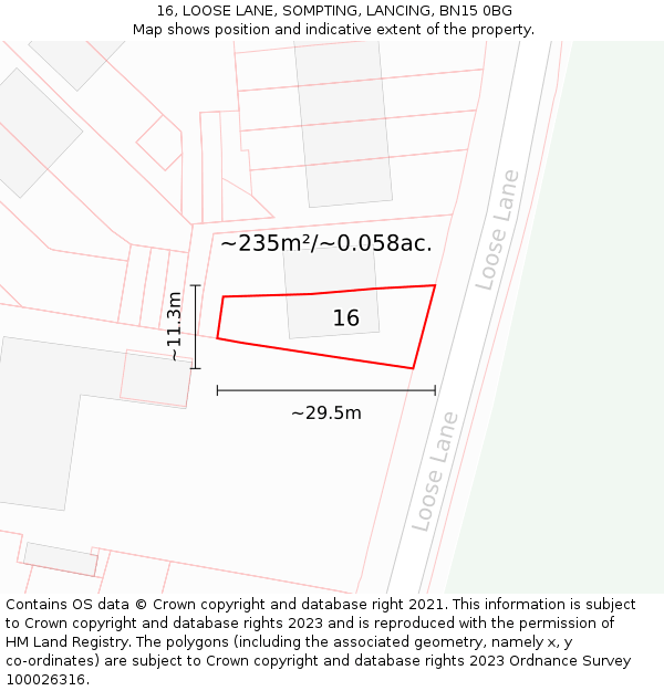 16, LOOSE LANE, SOMPTING, LANCING, BN15 0BG: Plot and title map