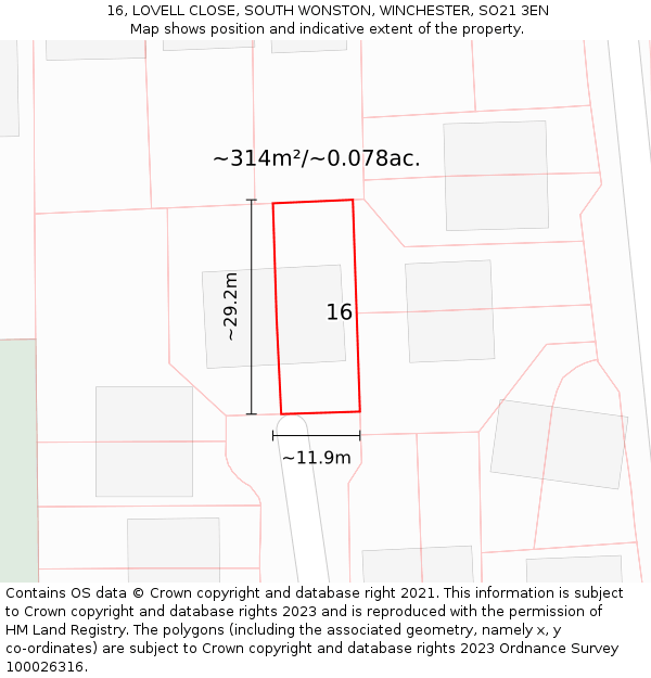 16, LOVELL CLOSE, SOUTH WONSTON, WINCHESTER, SO21 3EN: Plot and title map