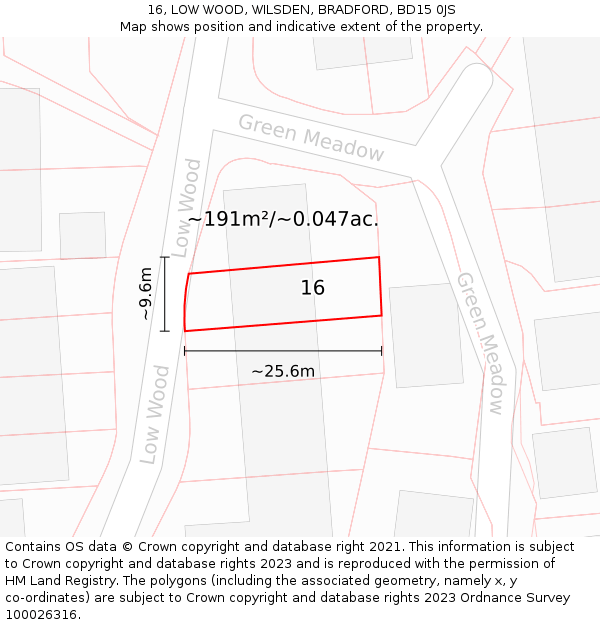 16, LOW WOOD, WILSDEN, BRADFORD, BD15 0JS: Plot and title map