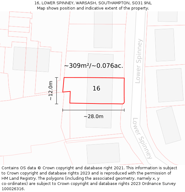 16, LOWER SPINNEY, WARSASH, SOUTHAMPTON, SO31 9NL: Plot and title map