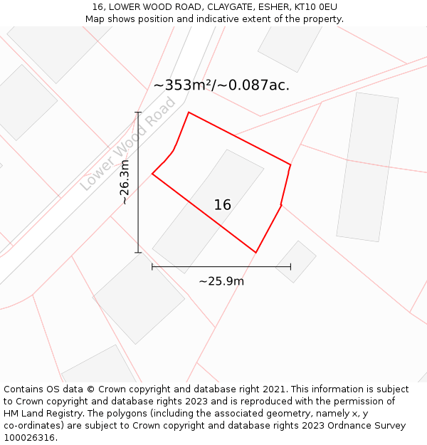 16, LOWER WOOD ROAD, CLAYGATE, ESHER, KT10 0EU: Plot and title map