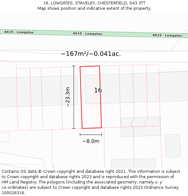 16, LOWGATES, STAVELEY, CHESTERFIELD, S43 3TT: Plot and title map