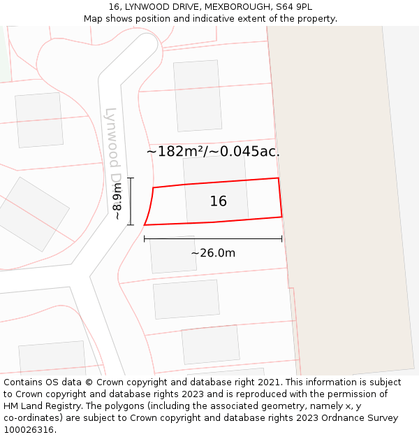 16, LYNWOOD DRIVE, MEXBOROUGH, S64 9PL: Plot and title map