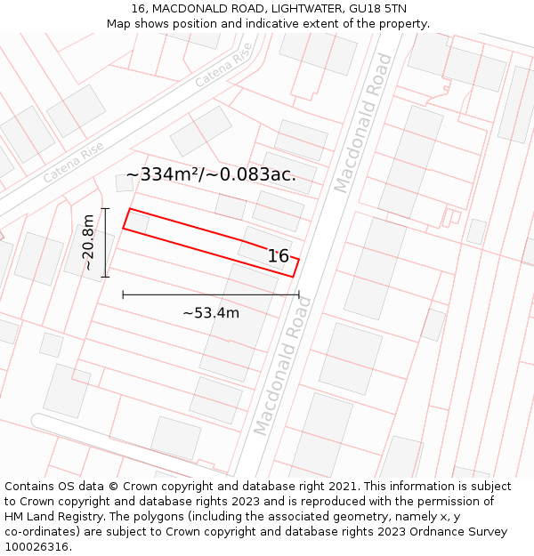 16, MACDONALD ROAD, LIGHTWATER, GU18 5TN: Plot and title map