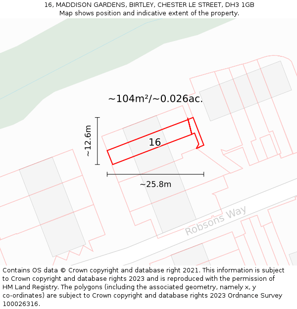 16, MADDISON GARDENS, BIRTLEY, CHESTER LE STREET, DH3 1GB: Plot and title map