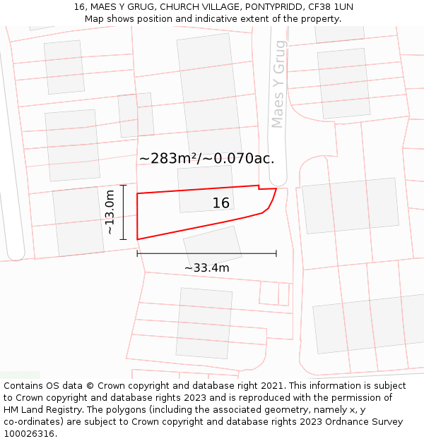 16, MAES Y GRUG, CHURCH VILLAGE, PONTYPRIDD, CF38 1UN: Plot and title map