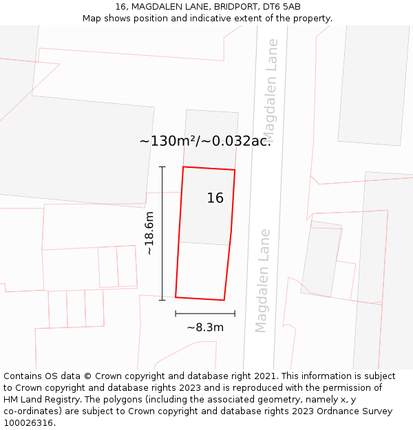 16, MAGDALEN LANE, BRIDPORT, DT6 5AB: Plot and title map