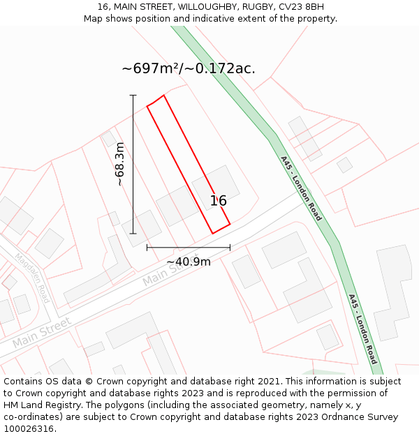 16, MAIN STREET, WILLOUGHBY, RUGBY, CV23 8BH: Plot and title map