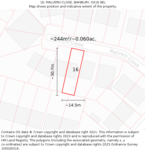 16, MALVERN CLOSE, BANBURY, OX16 9EL: Plot and title map