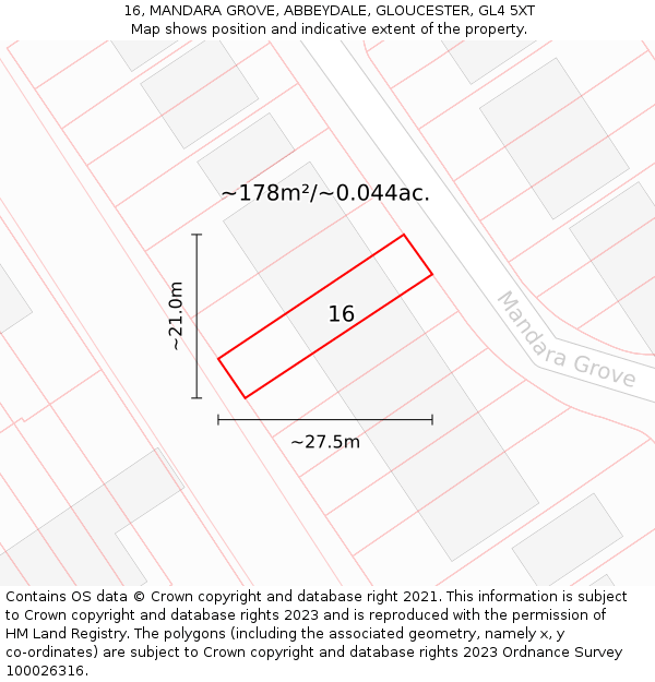 16, MANDARA GROVE, ABBEYDALE, GLOUCESTER, GL4 5XT: Plot and title map