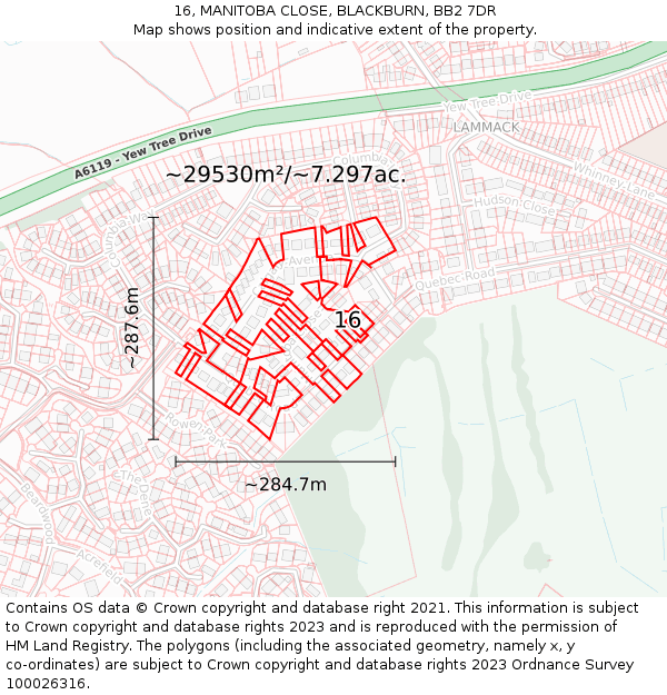 16, MANITOBA CLOSE, BLACKBURN, BB2 7DR: Plot and title map