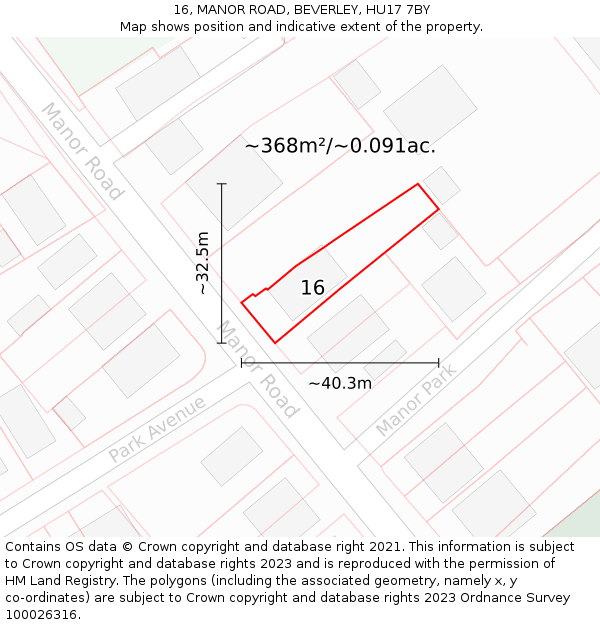 16, MANOR ROAD, BEVERLEY, HU17 7BY: Plot and title map