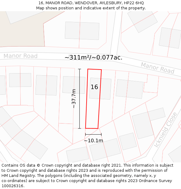 16, MANOR ROAD, WENDOVER, AYLESBURY, HP22 6HQ: Plot and title map