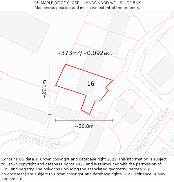16, MAPLE RIDGE CLOSE, LLANDRINDOD WELLS, LD1 5NX: Plot and title map