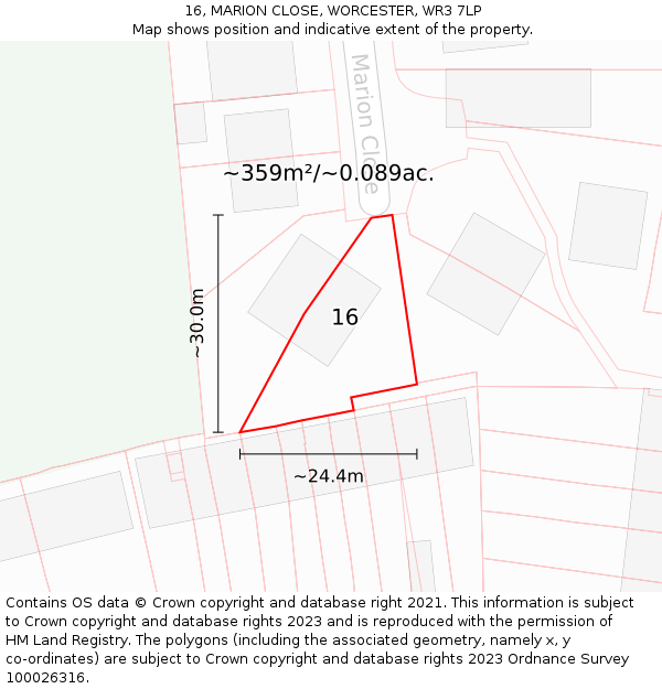 16, MARION CLOSE, WORCESTER, WR3 7LP: Plot and title map