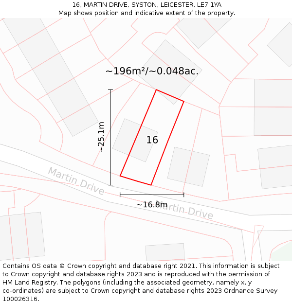 16, MARTIN DRIVE, SYSTON, LEICESTER, LE7 1YA: Plot and title map