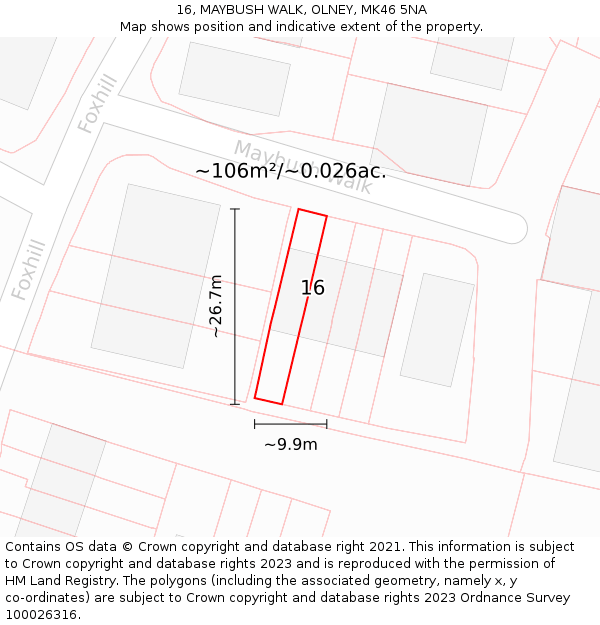 16, MAYBUSH WALK, OLNEY, MK46 5NA: Plot and title map