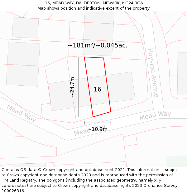 16, MEAD WAY, BALDERTON, NEWARK, NG24 3GA: Plot and title map