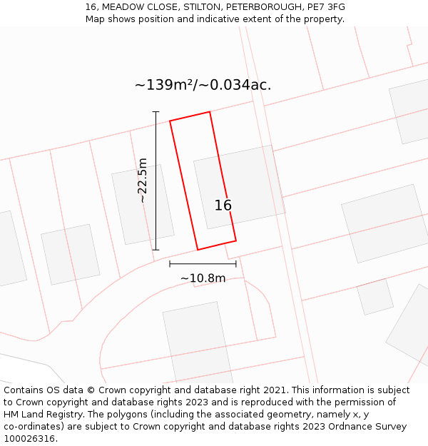 16, MEADOW CLOSE, STILTON, PETERBOROUGH, PE7 3FG: Plot and title map