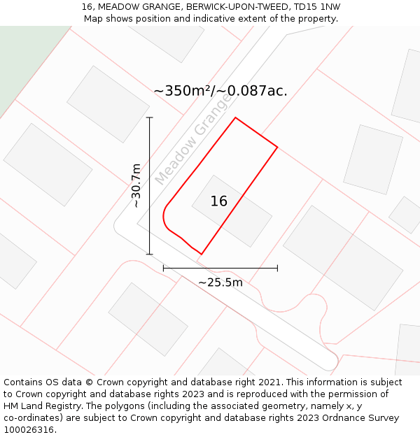 16, MEADOW GRANGE, BERWICK-UPON-TWEED, TD15 1NW: Plot and title map