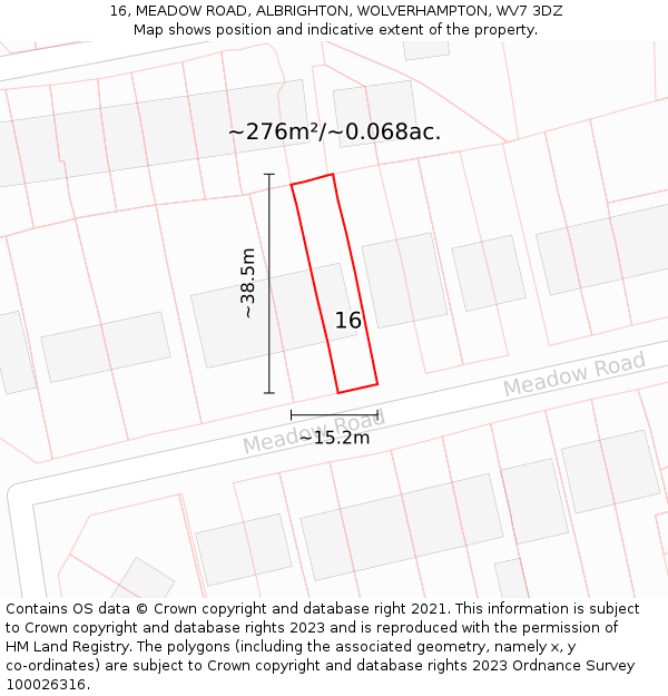 16, MEADOW ROAD, ALBRIGHTON, WOLVERHAMPTON, WV7 3DZ: Plot and title map