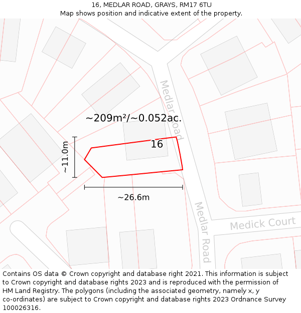 16, MEDLAR ROAD, GRAYS, RM17 6TU: Plot and title map