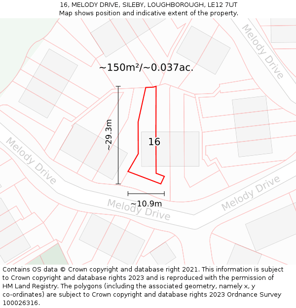 16, MELODY DRIVE, SILEBY, LOUGHBOROUGH, LE12 7UT: Plot and title map