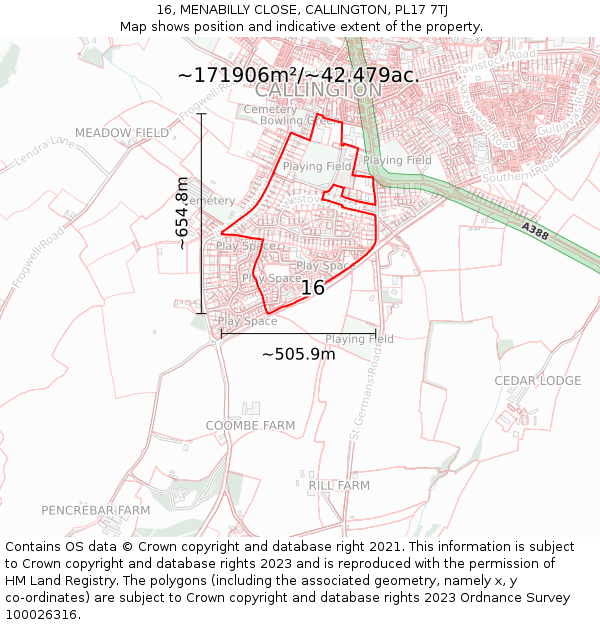 16, MENABILLY CLOSE, CALLINGTON, PL17 7TJ: Plot and title map