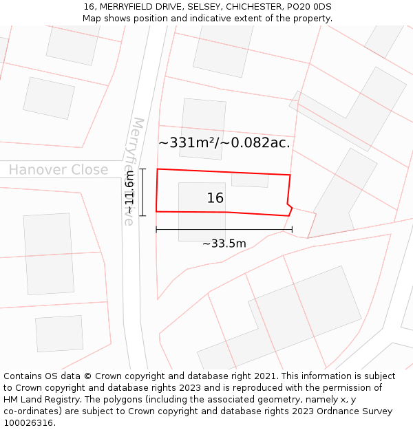 16, MERRYFIELD DRIVE, SELSEY, CHICHESTER, PO20 0DS: Plot and title map