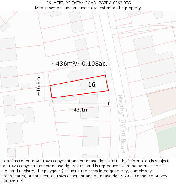 16, MERTHYR DYFAN ROAD, BARRY, CF62 9TG: Plot and title map