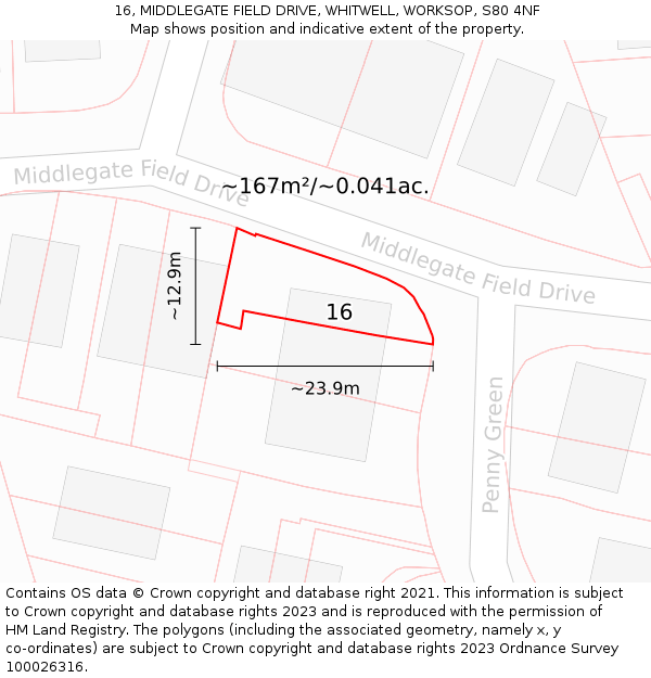 16, MIDDLEGATE FIELD DRIVE, WHITWELL, WORKSOP, S80 4NF: Plot and title map
