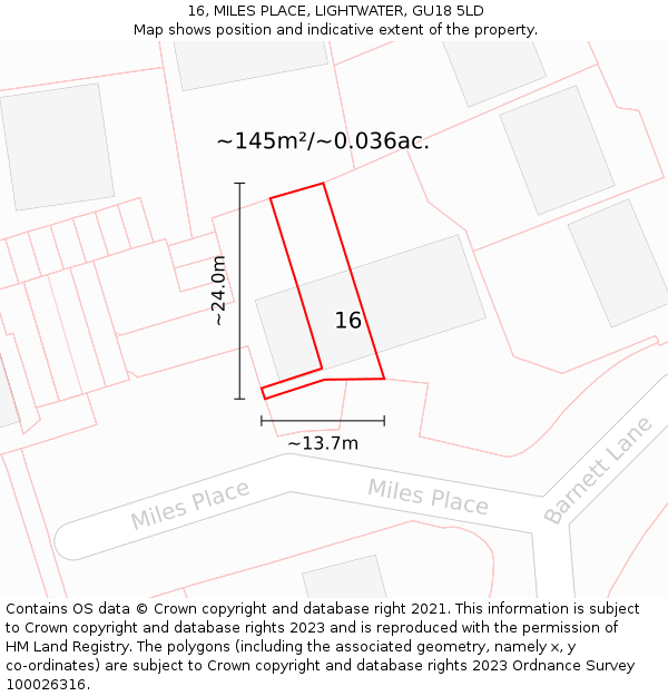 16, MILES PLACE, LIGHTWATER, GU18 5LD: Plot and title map