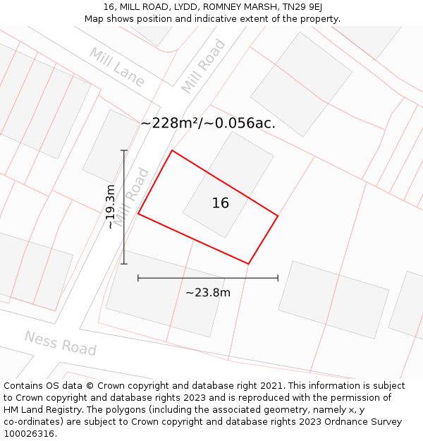 16, MILL ROAD, LYDD, ROMNEY MARSH, TN29 9EJ: Plot and title map