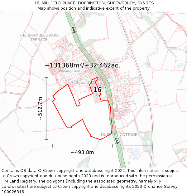 16, MILLFIELD PLACE, DORRINGTON, SHREWSBURY, SY5 7ES: Plot and title map