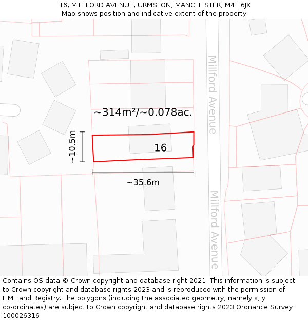 16, MILLFORD AVENUE, URMSTON, MANCHESTER, M41 6JX: Plot and title map