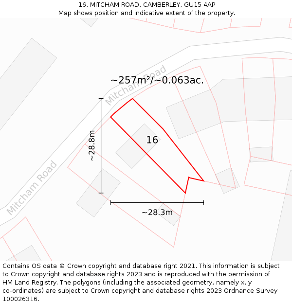 16, MITCHAM ROAD, CAMBERLEY, GU15 4AP: Plot and title map