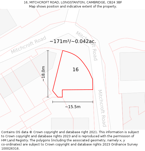 16, MITCHCROFT ROAD, LONGSTANTON, CAMBRIDGE, CB24 3BF: Plot and title map