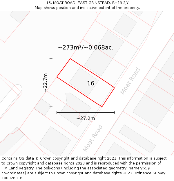 16, MOAT ROAD, EAST GRINSTEAD, RH19 3JY: Plot and title map