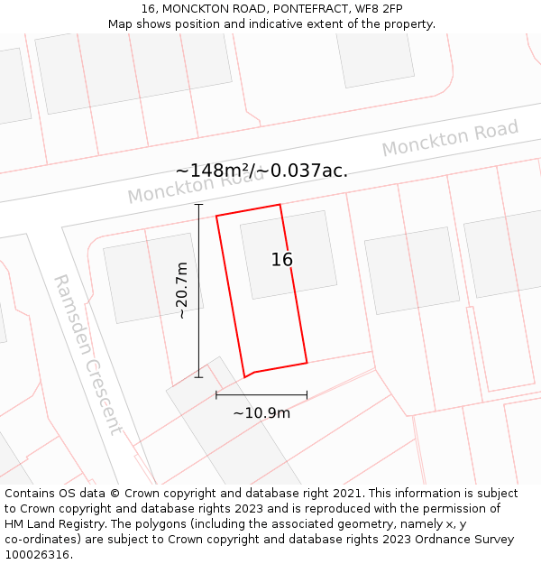 16, MONCKTON ROAD, PONTEFRACT, WF8 2FP: Plot and title map