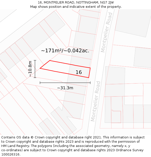 16, MONTPELIER ROAD, NOTTINGHAM, NG7 2JW: Plot and title map