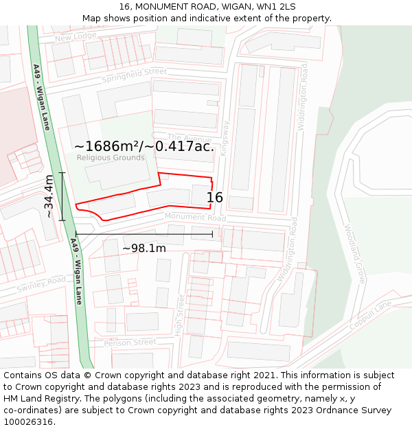 16, MONUMENT ROAD, WIGAN, WN1 2LS: Plot and title map