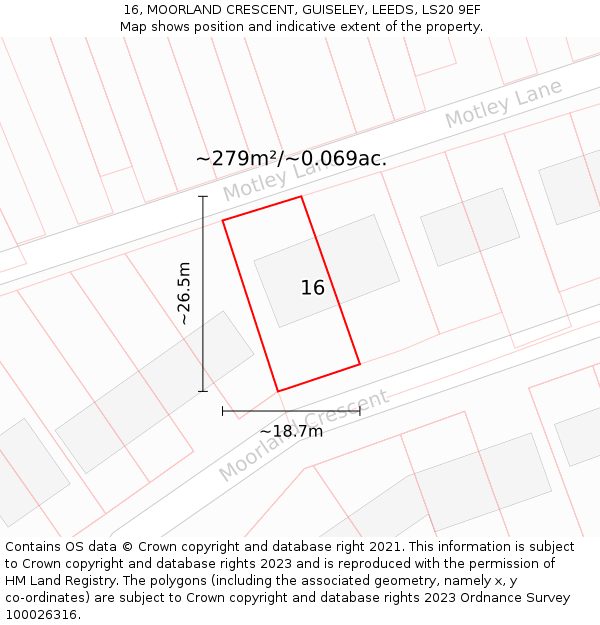 16, MOORLAND CRESCENT, GUISELEY, LEEDS, LS20 9EF: Plot and title map